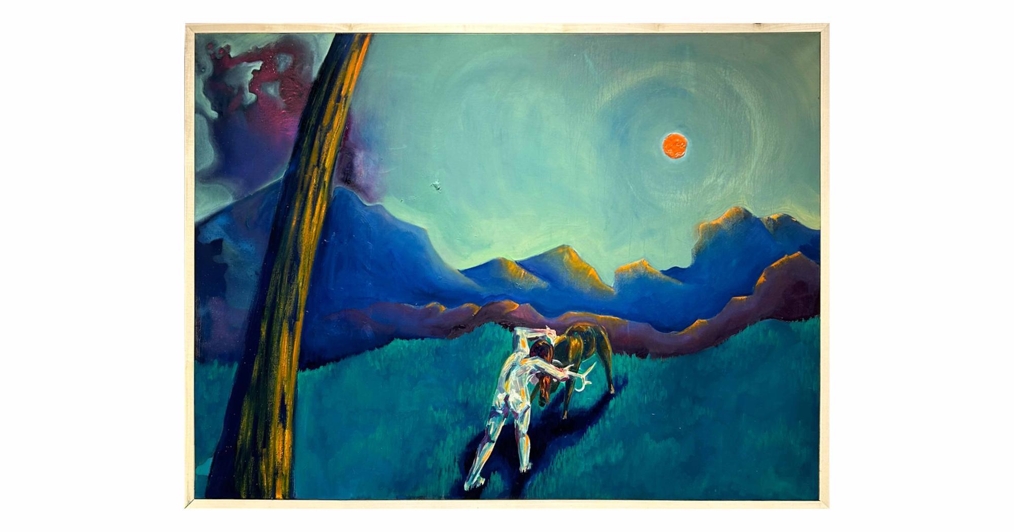 一幅画的特写，描绘了一个人抓着鹿角向后推着一只鹿. 有一个明亮色彩的山脉背景.